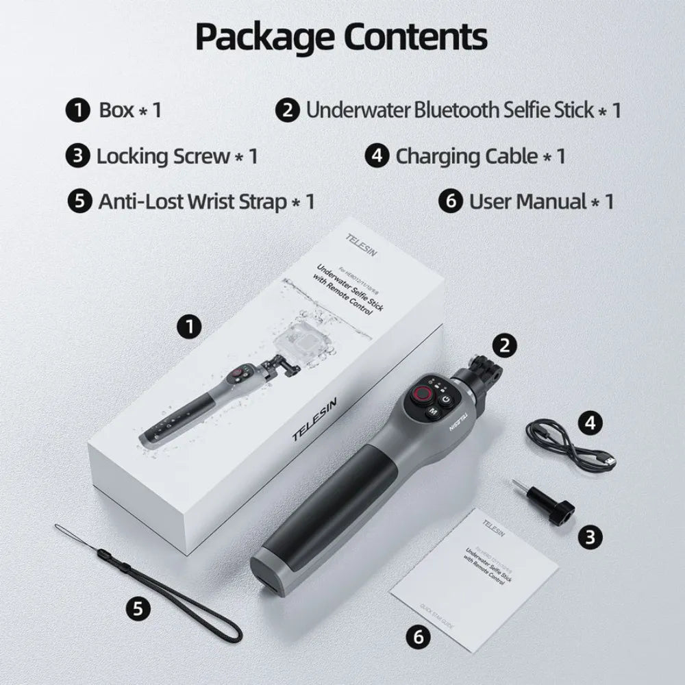 TELESIN Underwater Bluetooth Selfie Stick – 85cm Extendable IPX68 Waterproof Pole with Remote Control for GoPro HERO 8–13