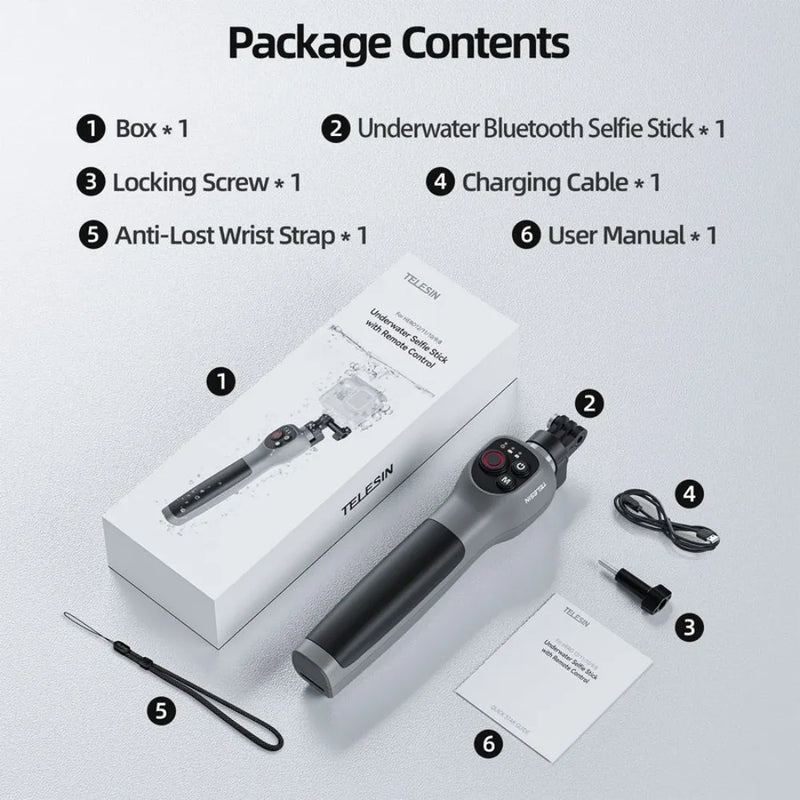 TELESIN Underwater Bluetooth Selfie Stick – 85cm Extendable IPX68 Waterproof Pole with Remote Control for GoPro HERO 8–13