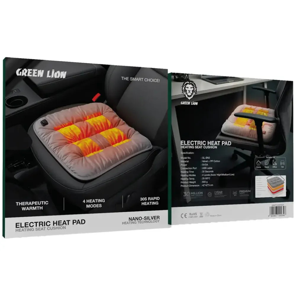 Green Lion Electric Heated Seat Cushion, USB-C Powered, 4 Heat Modes, Nano-Silver Heating Technology, Portable Comfort – Grey