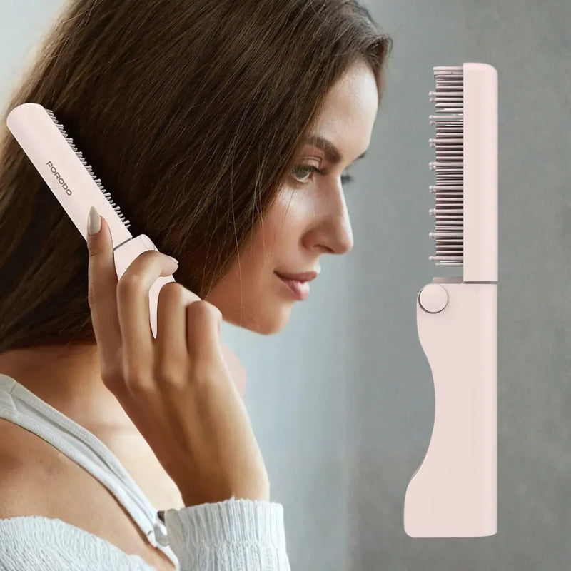 Porodo Mini Foldable Straightening Brush, Cordless Hair Styler, USB-C Fast Charging, 3 Heat Settings, Ceramic Heated Bristles, Travel-Friendly Design – Pink