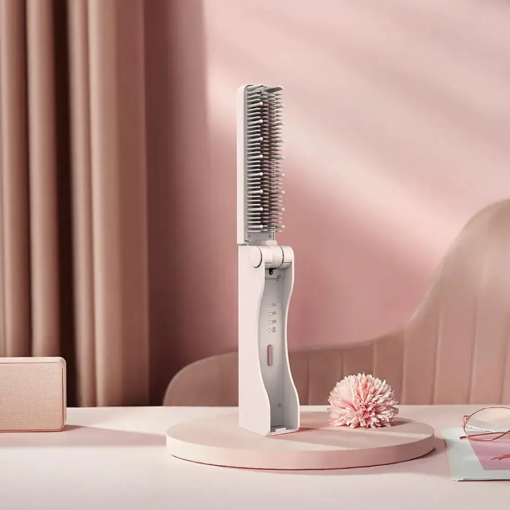 Porodo Mini Foldable Straightening Brush, Cordless Hair Styler, USB-C Fast Charging, 3 Heat Settings, Ceramic Heated Bristles, Travel-Friendly Design – Pink