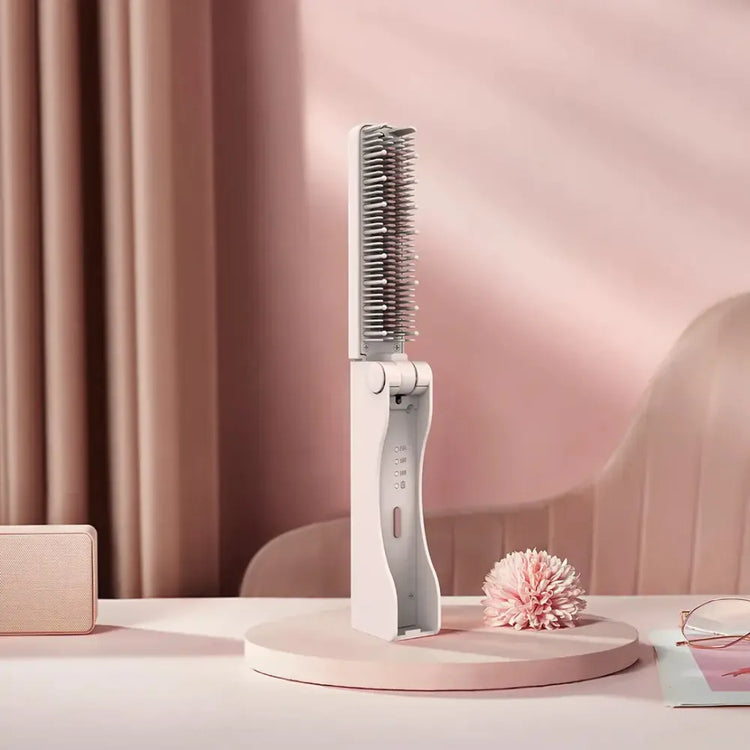Porodo Mini Foldable Straightening Brush, Cordless Hair Styler, USB-C Fast Charging, 3 Heat Settings, Ceramic Heated Bristles, Travel-Friendly Design – Pink