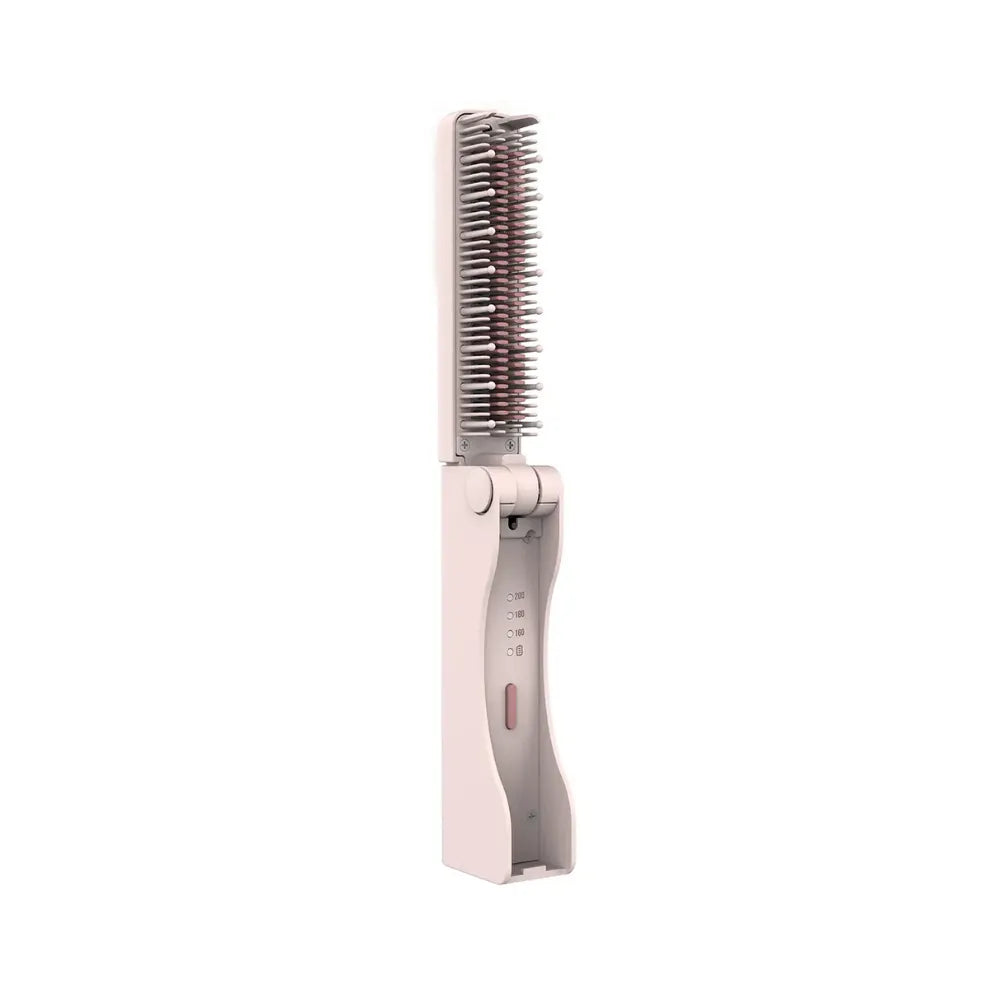 Porodo Mini Foldable Straightening Brush, Cordless Hair Styler, USB-C Fast Charging, 3 Heat Settings, Ceramic Heated Bristles, Travel-Friendly Design – Pink