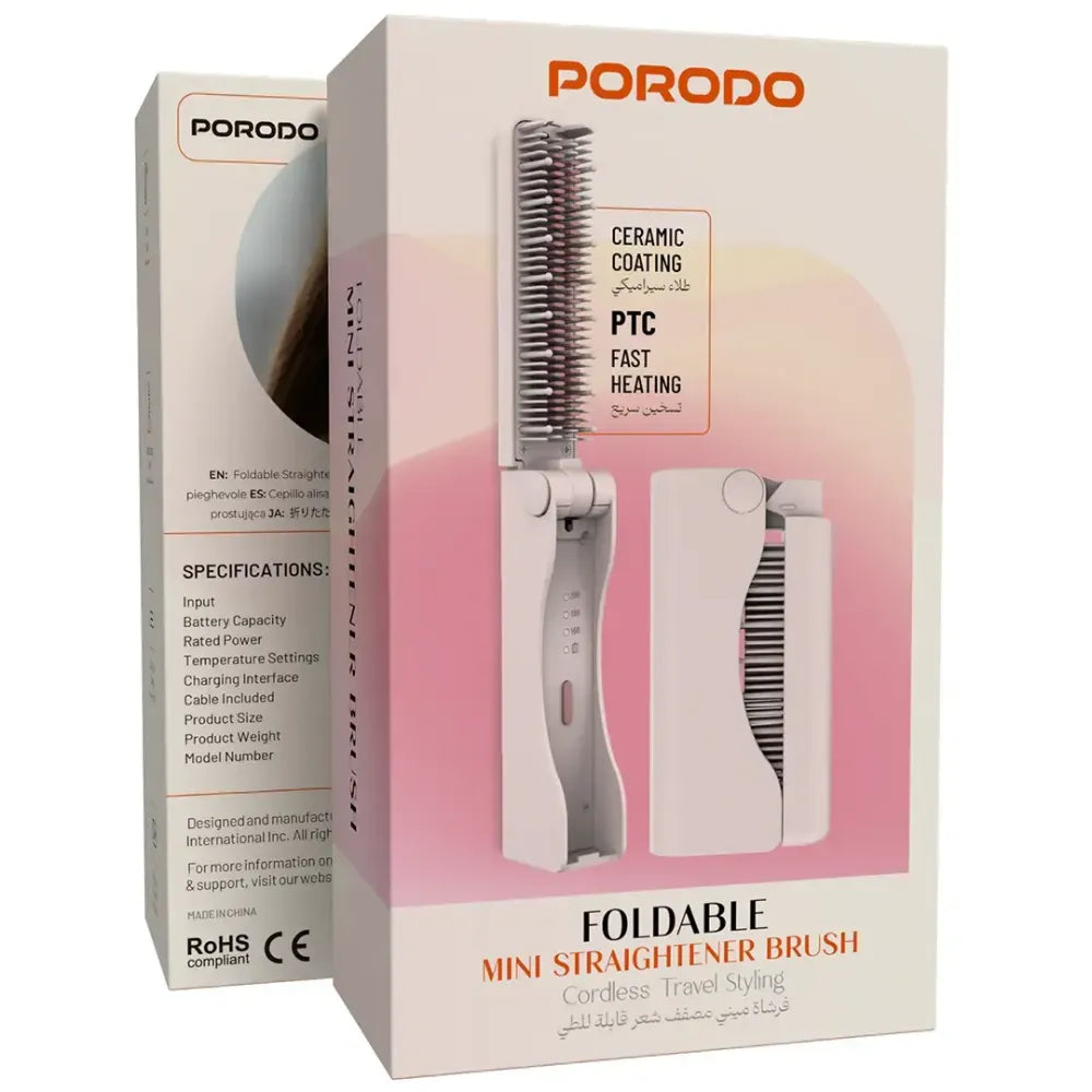 Porodo Mini Foldable Straightening Brush, Cordless Hair Styler, USB-C Fast Charging, 3 Heat Settings, Ceramic Heated Bristles, Travel-Friendly Design – Pink
