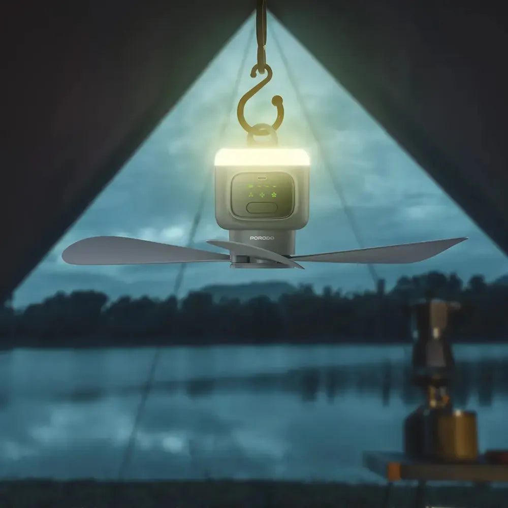 Porodo Lifestyle Rechargeable Camping Ceiling Fan, 12,000mAh Battery, 4 Speeds, LED Night Light, Remote Control, Type-C Charging – Gray