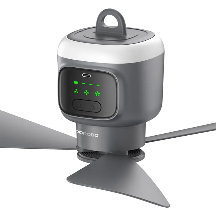 Porodo Lifestyle Rechargeable Camping Ceiling Fan, 12,000mAh Battery, 4 Speeds, LED Night Light, Remote Control, Type-C Charging – Gray