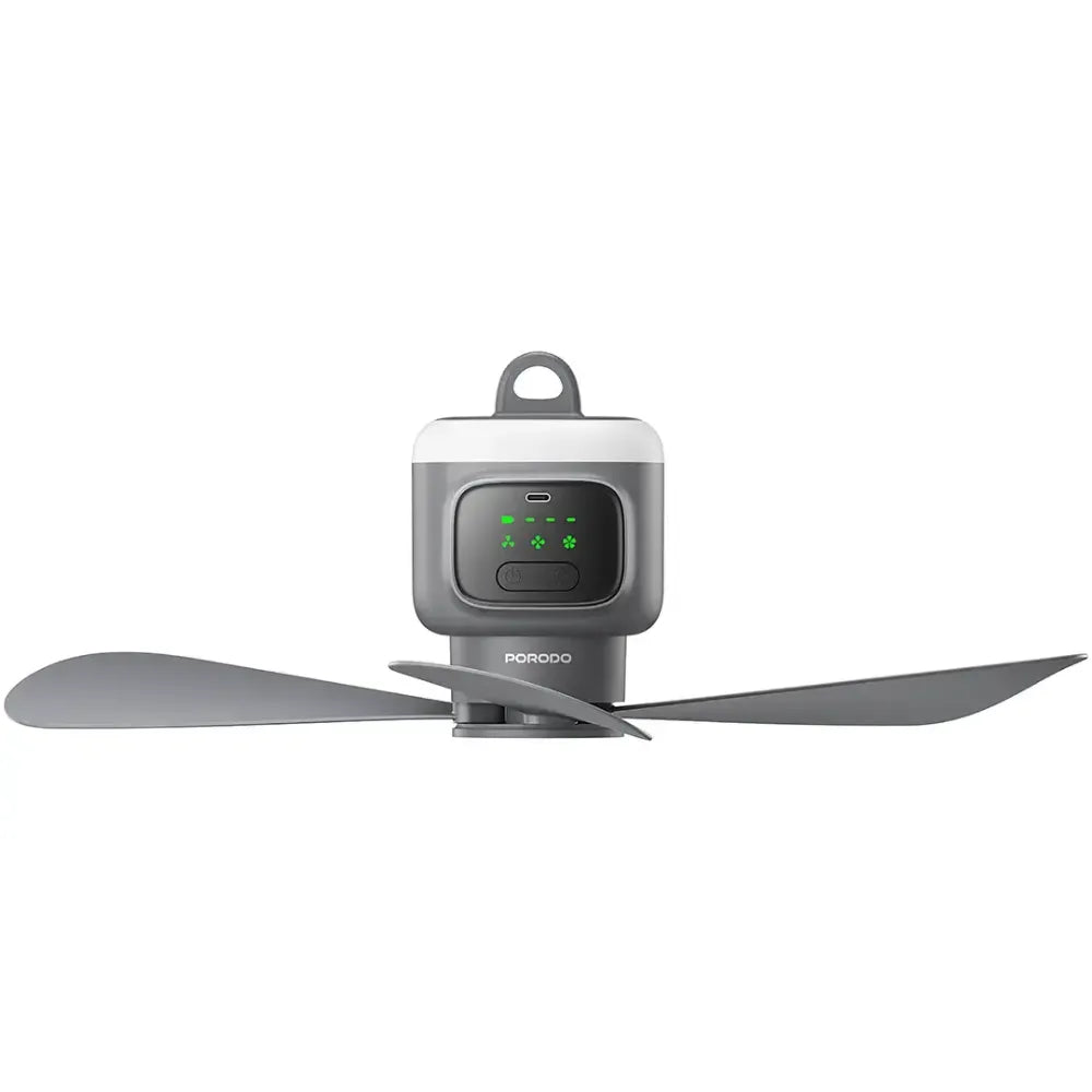 Porodo Lifestyle Rechargeable Camping Ceiling Fan, 12,000mAh Battery, 4 Speeds, LED Night Light, Remote Control, Type-C Charging – Gray