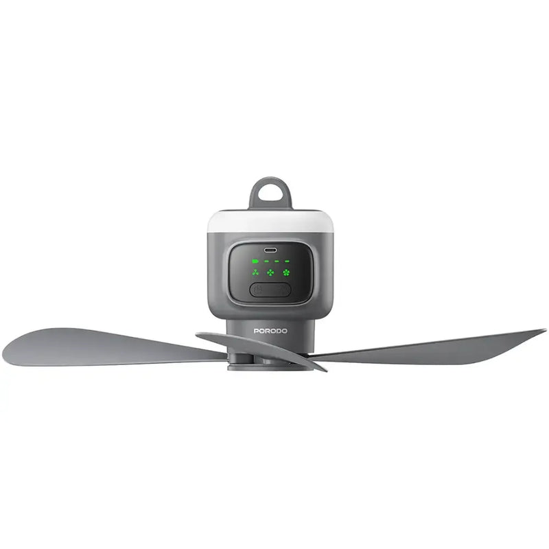 Porodo Lifestyle Rechargeable Camping Ceiling Fan, 12,000mAh Battery, 4 Speeds, LED Night Light, Remote Control, Type-C Charging – Gray