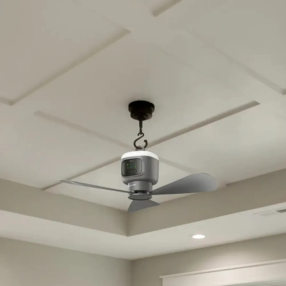 Porodo Lifestyle Rechargeable Camping Ceiling Fan, 12,000mAh Battery, 4 Speeds, LED Night Light, Remote Control, Type-C Charging – Gray