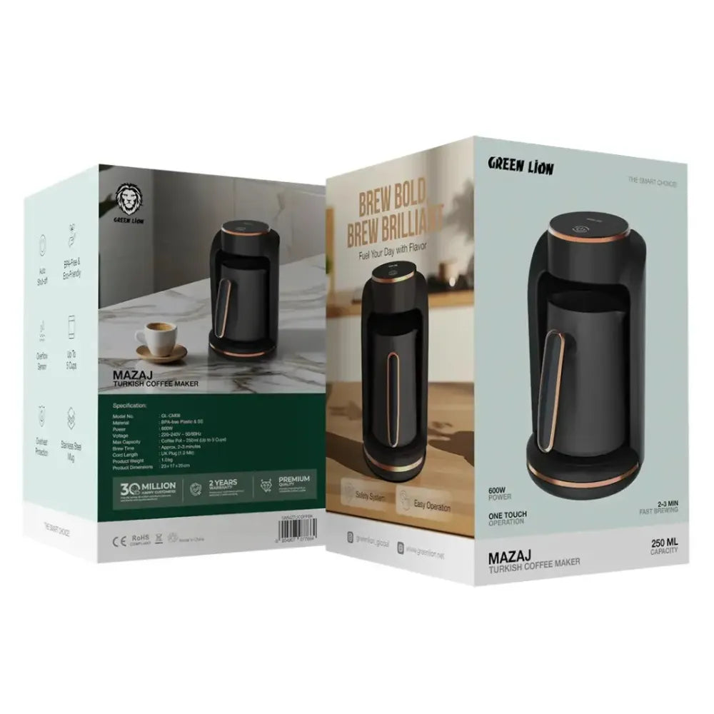 Green Lion Mazaj Turkish Coffee Maker, 600W Quick Brew, 5-Cup Capacity, Stainless Steel Cup, Auto Shut-Off & Overflow Sensor – Black