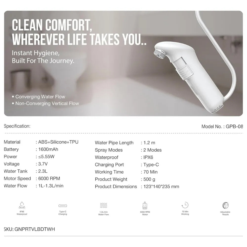 Green Lion Compact Converging Bidet Pro, Portable Rechargeable Personal Water Sprayer, Adjustable Spray Modes, 2-Speed Flow, 2.3L Water Tank