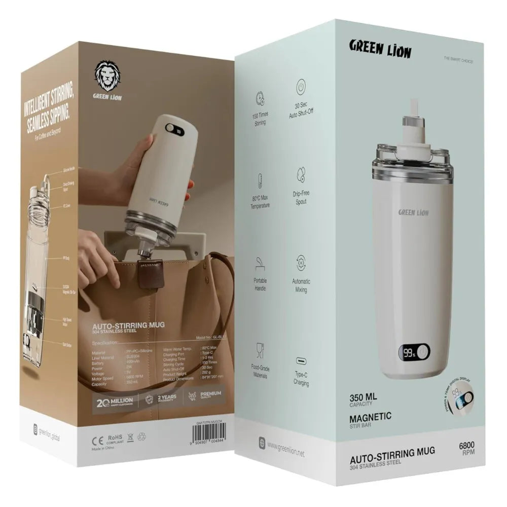 Green Lion Self-Stirring Coffee Mug – 350mL, Magnetic High-Speed Mixing, Built-In Warmer, Digital Display, Auto 30s Shut-Off, Rechargeable & Portable