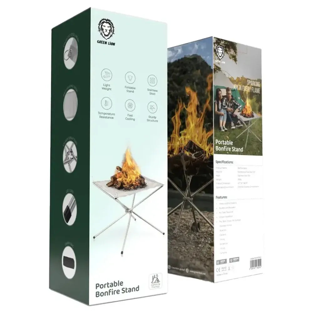 Green Lion Portable Bonfire Stand – Stainless Steel Mesh, Heavy Load Support, Tool-Free Setup, Outdoor Fire Pit Stand
