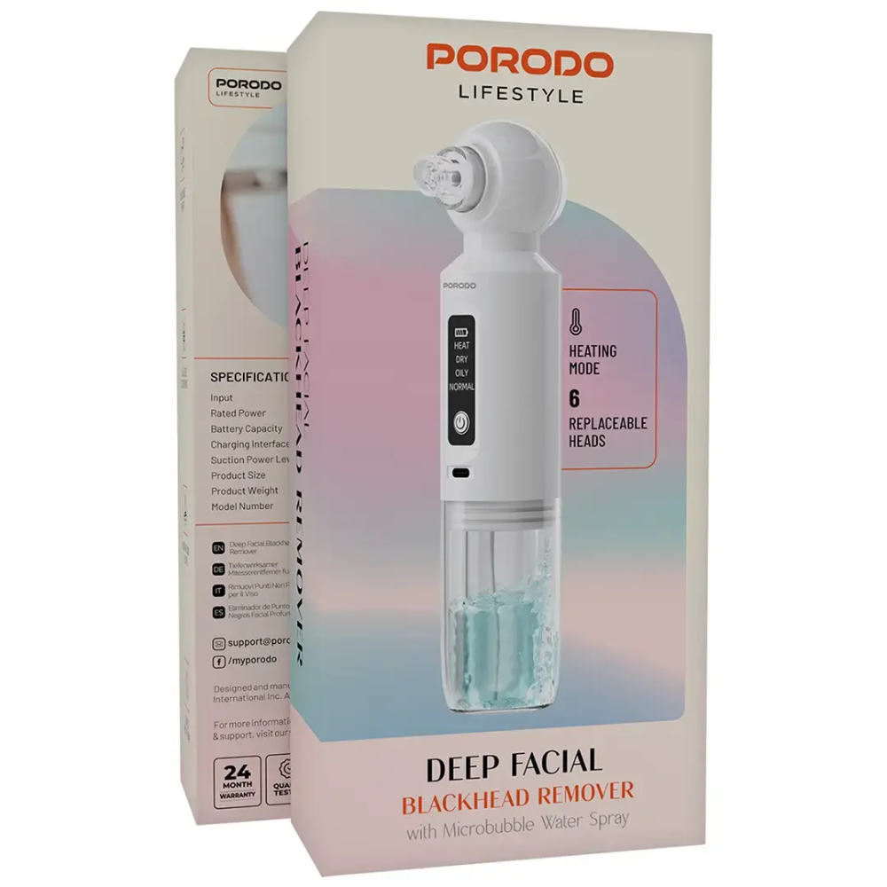 Porodo Lifestyle Deep Facial Blackhead Remover, Microbubble Water Spray, 3 Suction Levels, 6 Heat Settings, Rechargeable - White