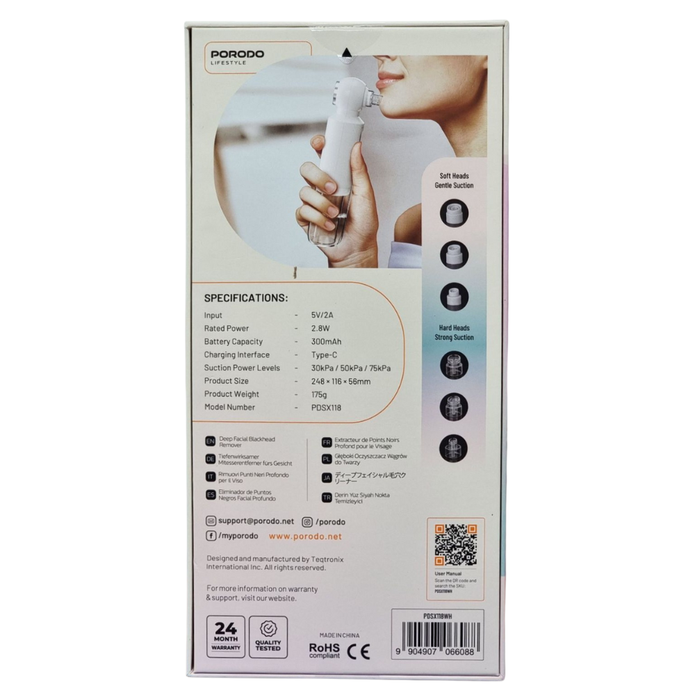 Porodo Lifestyle Deep Facial Blackhead Remover, Microbubble Water Spray, 3 Suction Levels, 6 Heat Settings, Rechargeable - White