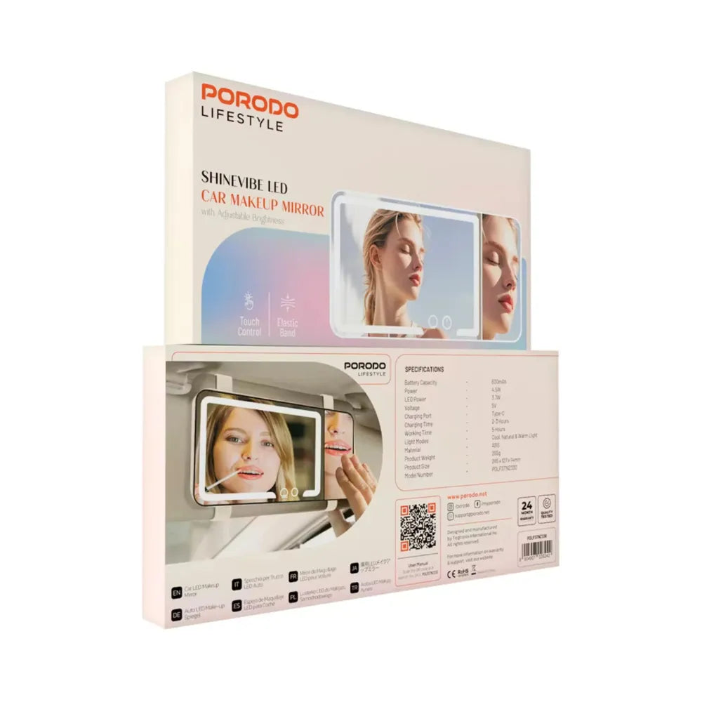 Porodo Lifestyle LED Lighted Car Makeup Mirror, Adjustable Brightness, 3 Lighting Modes, 600mAh Rechargeable Battery