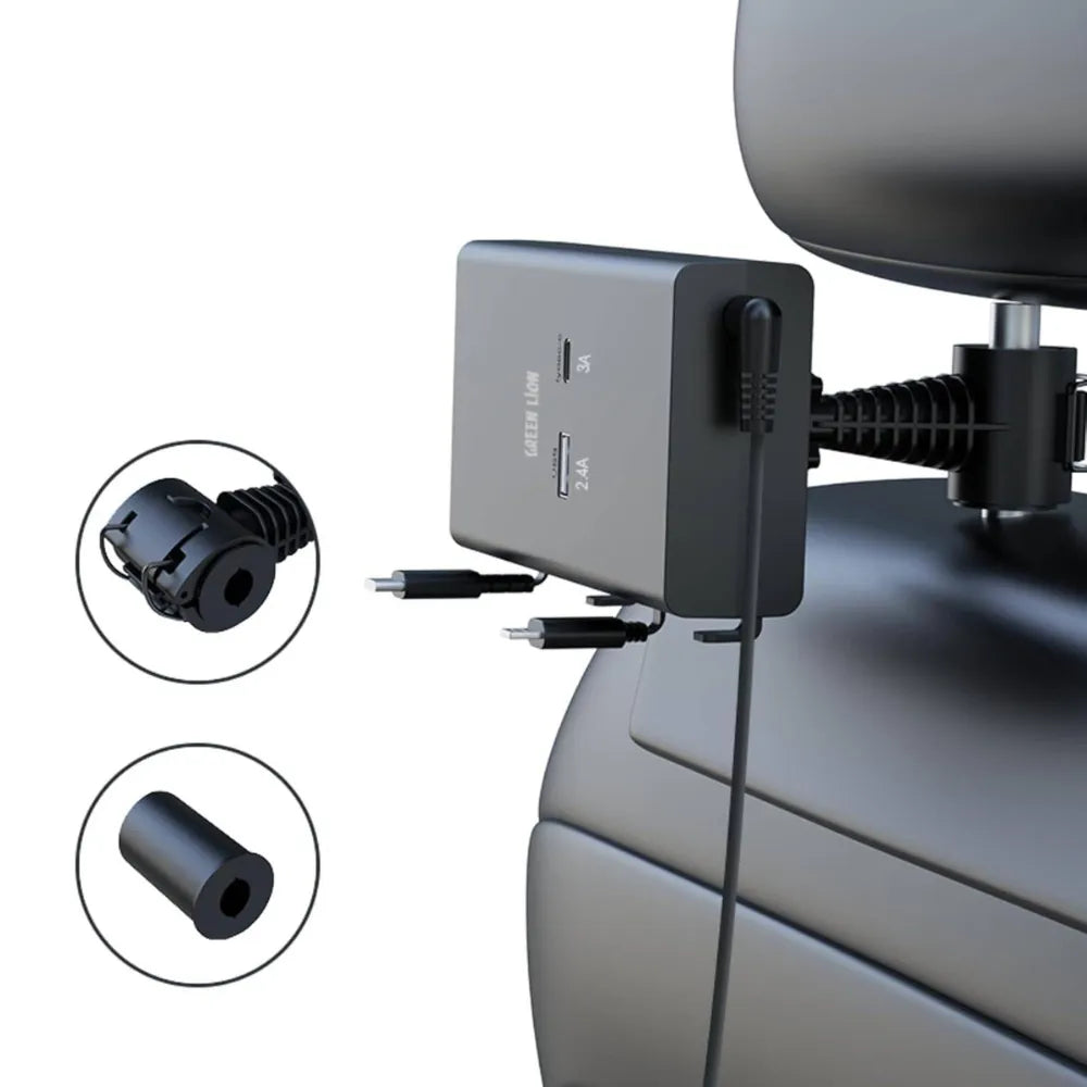 Green Lion 65W Backseat Car Charger, Retractable Cable, USB-A Output, Type-C PD Fast Charging, Multi-Protection, Compact & Portable – Black