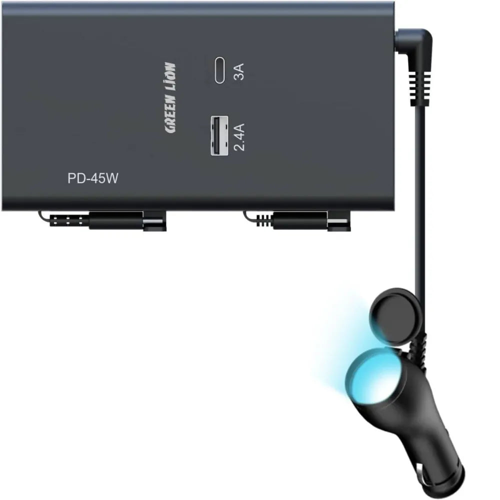 Green Lion 65W Backseat Car Charger, Retractable Cable, USB-A Output, Type-C PD Fast Charging, Multi-Protection, Compact & Portable – Black