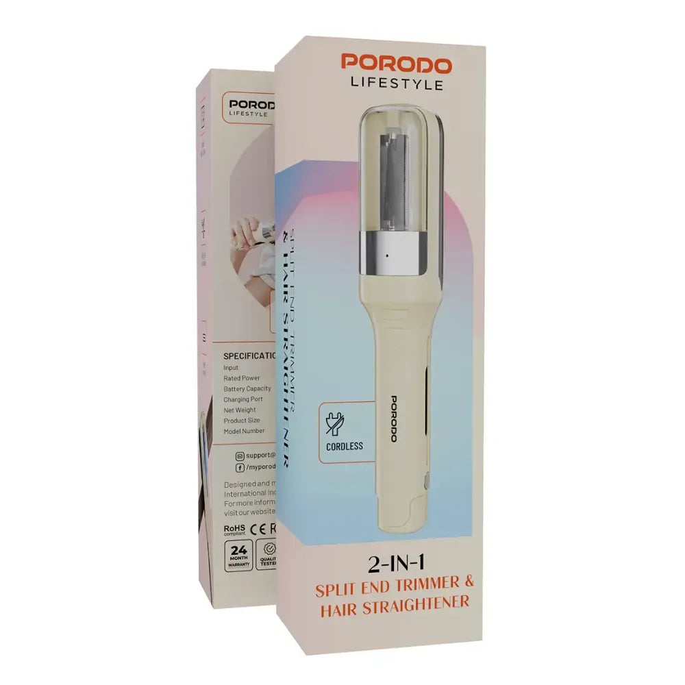 Porodo 2-in-1 Split End Trimmer & Hair Straightener, Cordless, 500mAh Battery, USB-C Charging, Blue Light Hair Repair – 18W Rated Power (White)