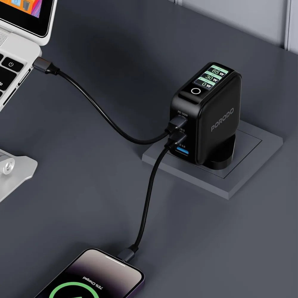 Porodo Nexora 3-Port Wall Charger, 100W Power Delivery, QC 30W, GaN Technology, LCD Display, Universal Multi-Device Compatibility – Black