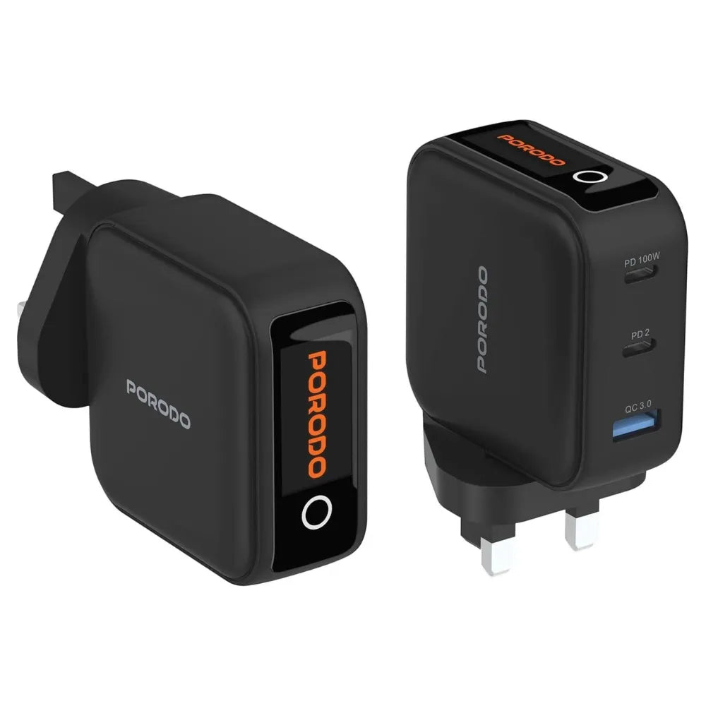Porodo Nexora 3-Port Wall Charger, 100W Power Delivery, QC 30W, GaN Technology, LCD Display, Universal Multi-Device Compatibility – Black