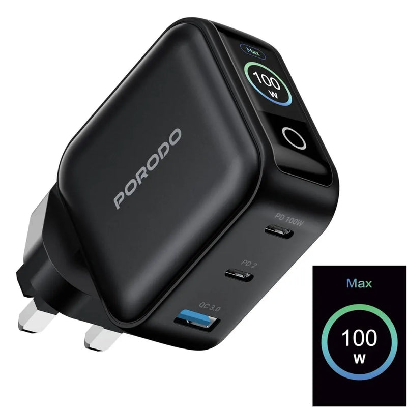 Porodo Nexora 3-Port Wall Charger, 100W Power Delivery, QC 30W, GaN Technology, LCD Display, Universal Multi-Device Compatibility – Black