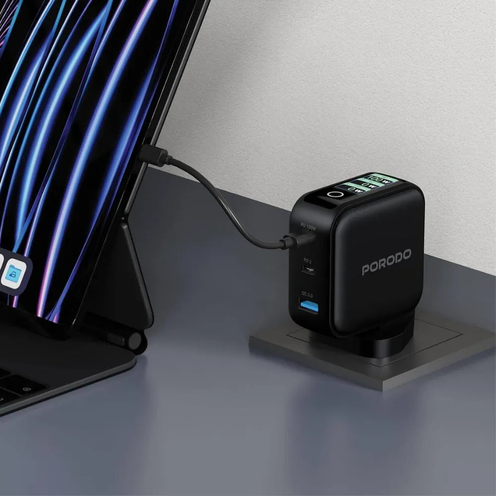 Porodo Nexora 3-Port Wall Charger, 100W Power Delivery, QC 30W, GaN Technology, LCD Display, Universal Multi-Device Compatibility – Black