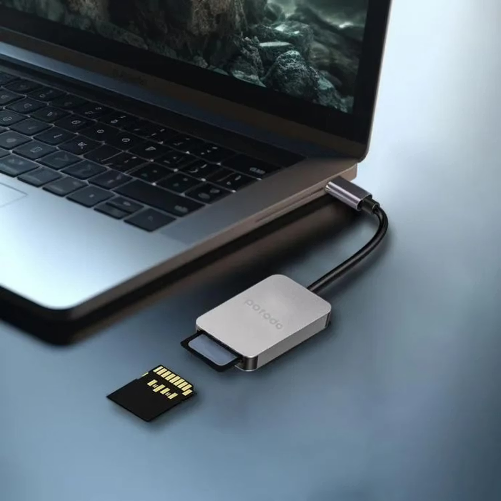 Porodo 2-in-1 USB-C Card Reader, SD V4.0 & Micro SD V3.0, 5Gbps High-Speed Data Transfer, Universal Compatibility, Ultra-Portable – Gray