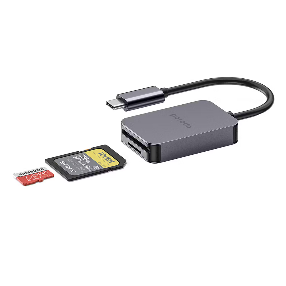 Porodo 2-in-1 USB-C Card Reader, SD V4.0 & Micro SD V3.0, 5Gbps High-Speed Data Transfer, Universal Compatibility, Ultra-Portable – Gray
