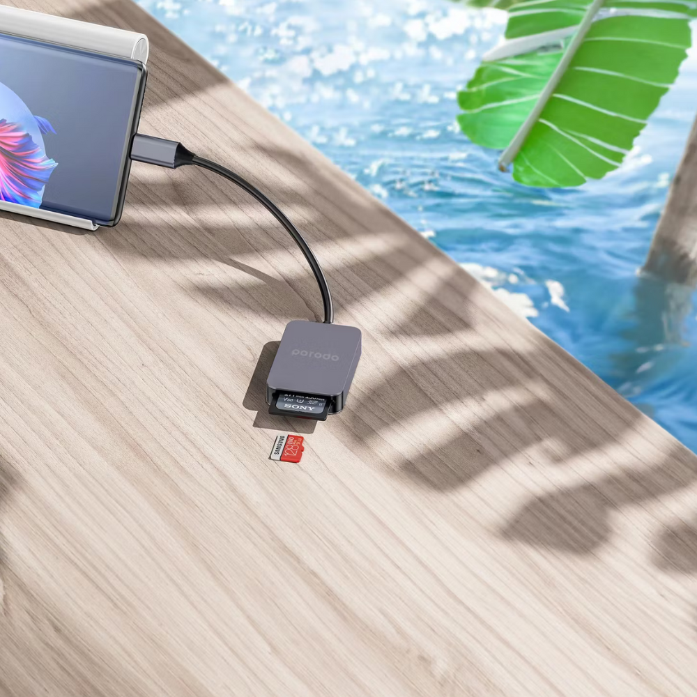 Porodo 2-in-1 USB-C Card Reader, SD V4.0 & Micro SD V3.0, 5Gbps High-Speed Data Transfer, Universal Compatibility, Ultra-Portable – Gray