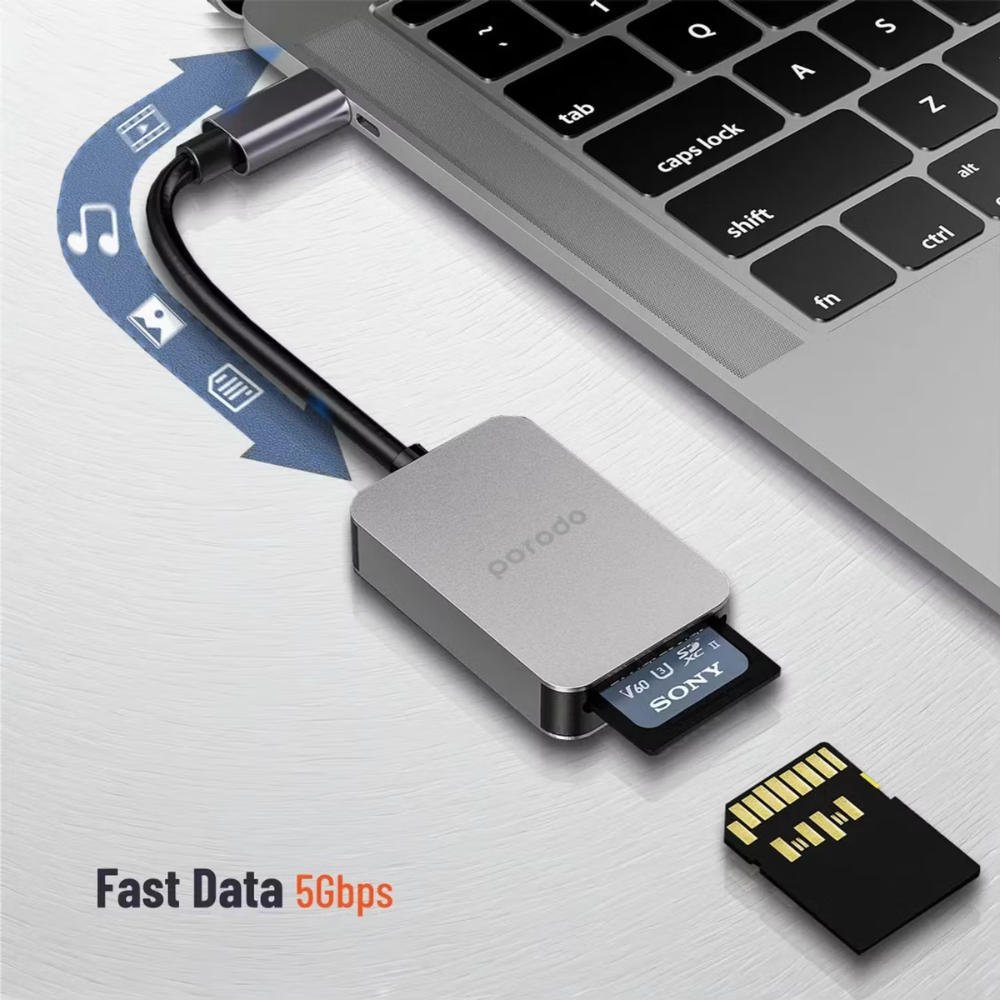 Porodo 2-in-1 USB-C Card Reader, SD V4.0 & Micro SD V3.0, 5Gbps High-Speed Data Transfer, Universal Compatibility, Ultra-Portable – Gray