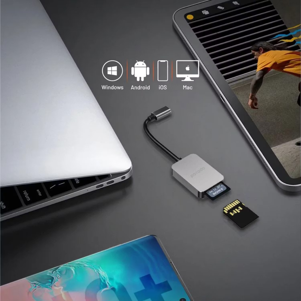 Porodo 2-in-1 USB-C Card Reader, SD V4.0 & Micro SD V3.0, 5Gbps High-Speed Data Transfer, Universal Compatibility, Ultra-Portable – Gray