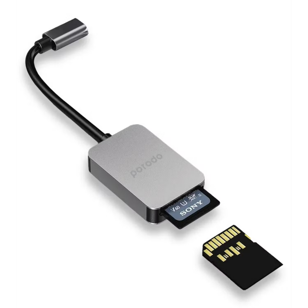 Porodo 2-in-1 USB-C Card Reader, SD V4.0 & Micro SD V3.0, 5Gbps High-Speed Data Transfer, Universal Compatibility, Ultra-Portable – Gray