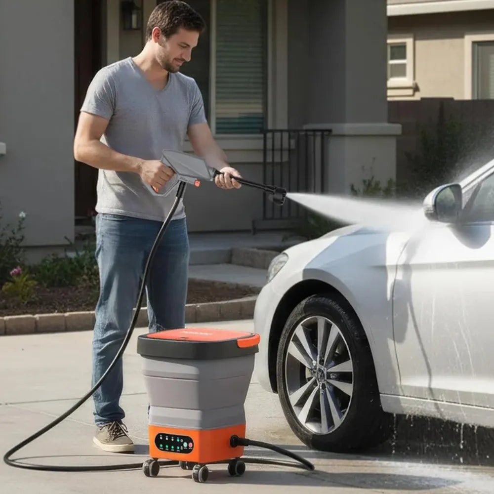 Porodo Aquaspray Multifunctional Pressure Washer 260W with Foam Dispenser, 15L Water Tank, 3m Water Pipe, 3000mAh Battery – Orange