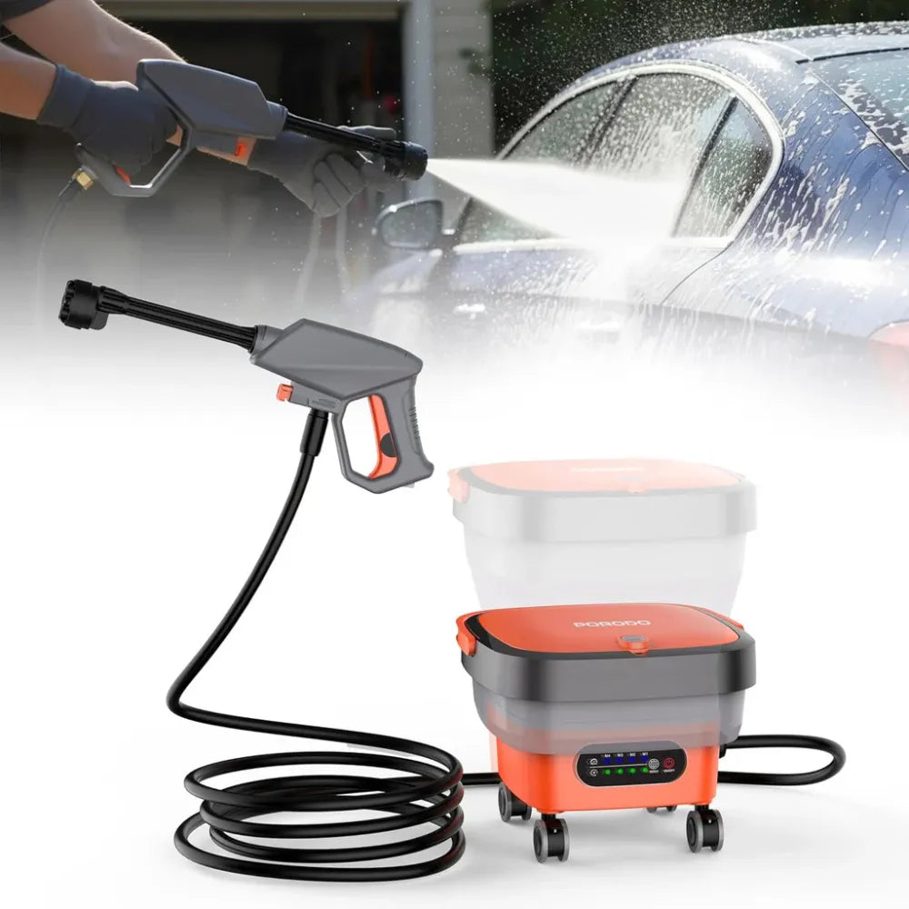 Porodo Aquaspray Multifunctional Pressure Washer 260W with Foam Dispenser, 15L Water Tank, 3m Water Pipe, 3000mAh Battery – Orange