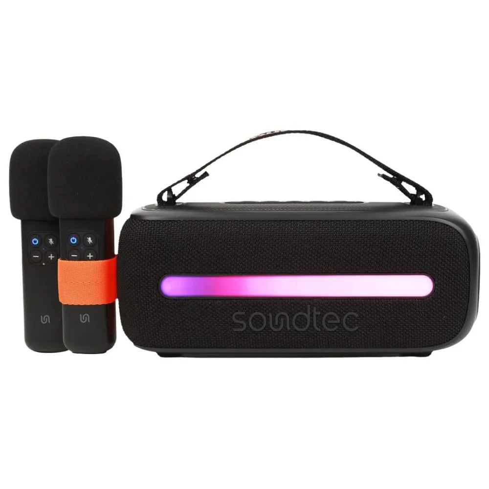 Porodo Soundtec Bluetooth Speaker 24W with Dual Wireless Microphones, Up to 6 Hours Battery, Universal Compatibility, RGB Light – Black
