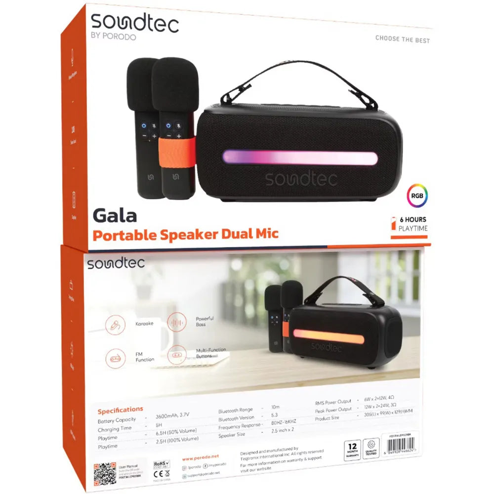 Porodo Soundtec Bluetooth Speaker 24W with Dual Wireless Microphones, Up to 6 Hours Battery, Universal Compatibility, RGB Light – Black