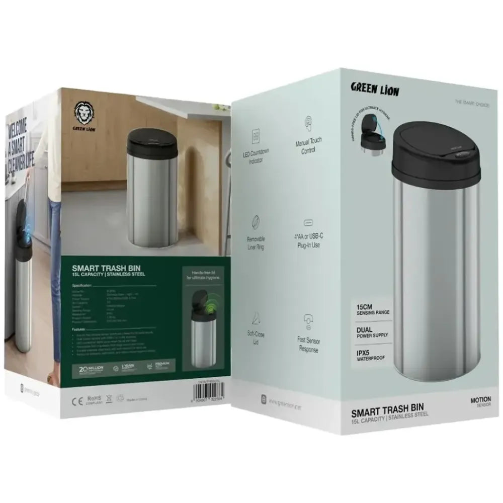 Green Lion Smart Trash Can 15L Stainless Steel with Infrared Sensor, Touch Control, IPX5 Waterproof, Dual Power Support – Silver