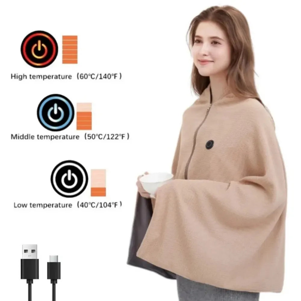 Wearable Electric Heated Blanket USB Powered with 3 Temperature Levels, Soft Flannel Material, Portable Warmer Shawl