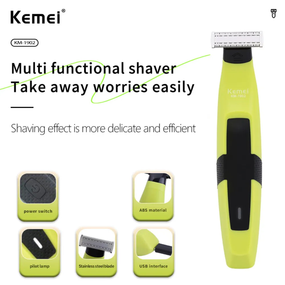 Kemei KM-1902 Cordless Electric Body Shaver with 90 Minutes Battery Life, Type-C Charging, 5 Comb Attachments, IPX7 Waterproof – Green