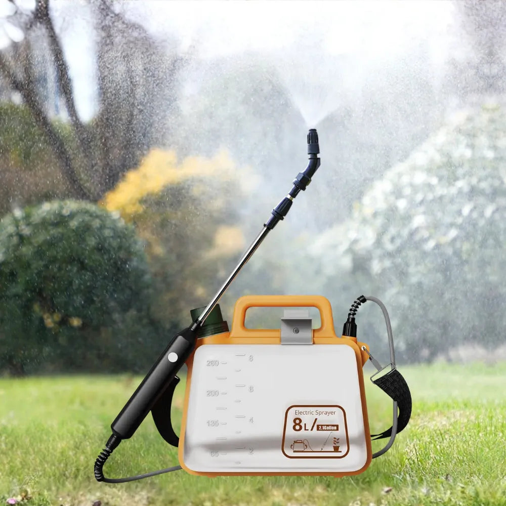 Porodo Lifestyle Aqua Splash Electric Garden Sprayer 8L with Dual Spray Settings, Type-C Rechargeable, 1500mAh Battery, Multi-Nozzle Design – Orange