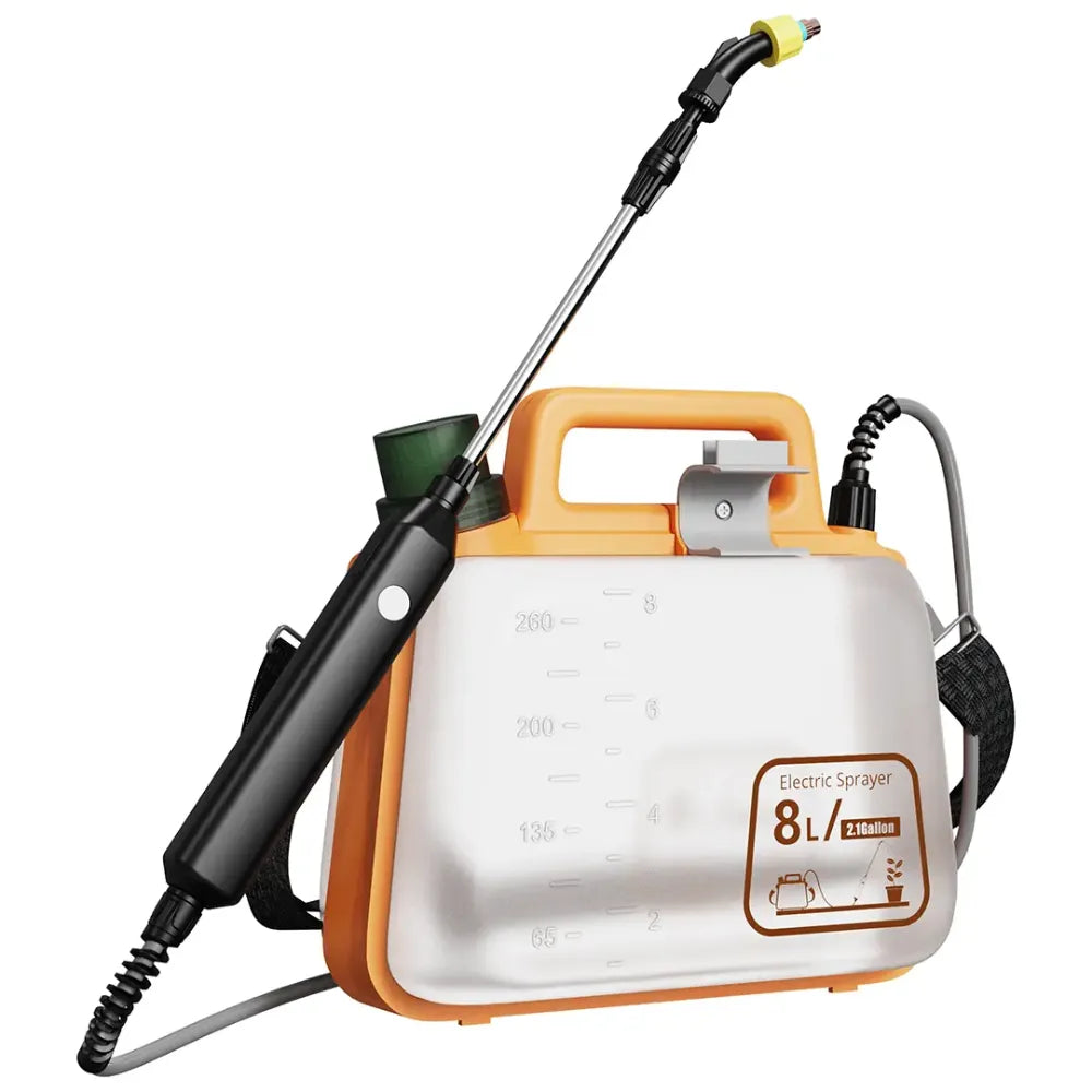 Porodo Lifestyle Aqua Splash Electric Garden Sprayer 8L with Dual Spray Settings, Type-C Rechargeable, 1500mAh Battery, Multi-Nozzle Design – Orange
