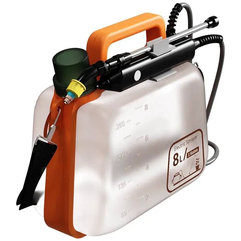 Porodo Lifestyle Aqua Splash Electric Garden Sprayer 8L with Dual Spray Settings, Type-C Rechargeable, 1500mAh Battery, Multi-Nozzle Design – Orange
