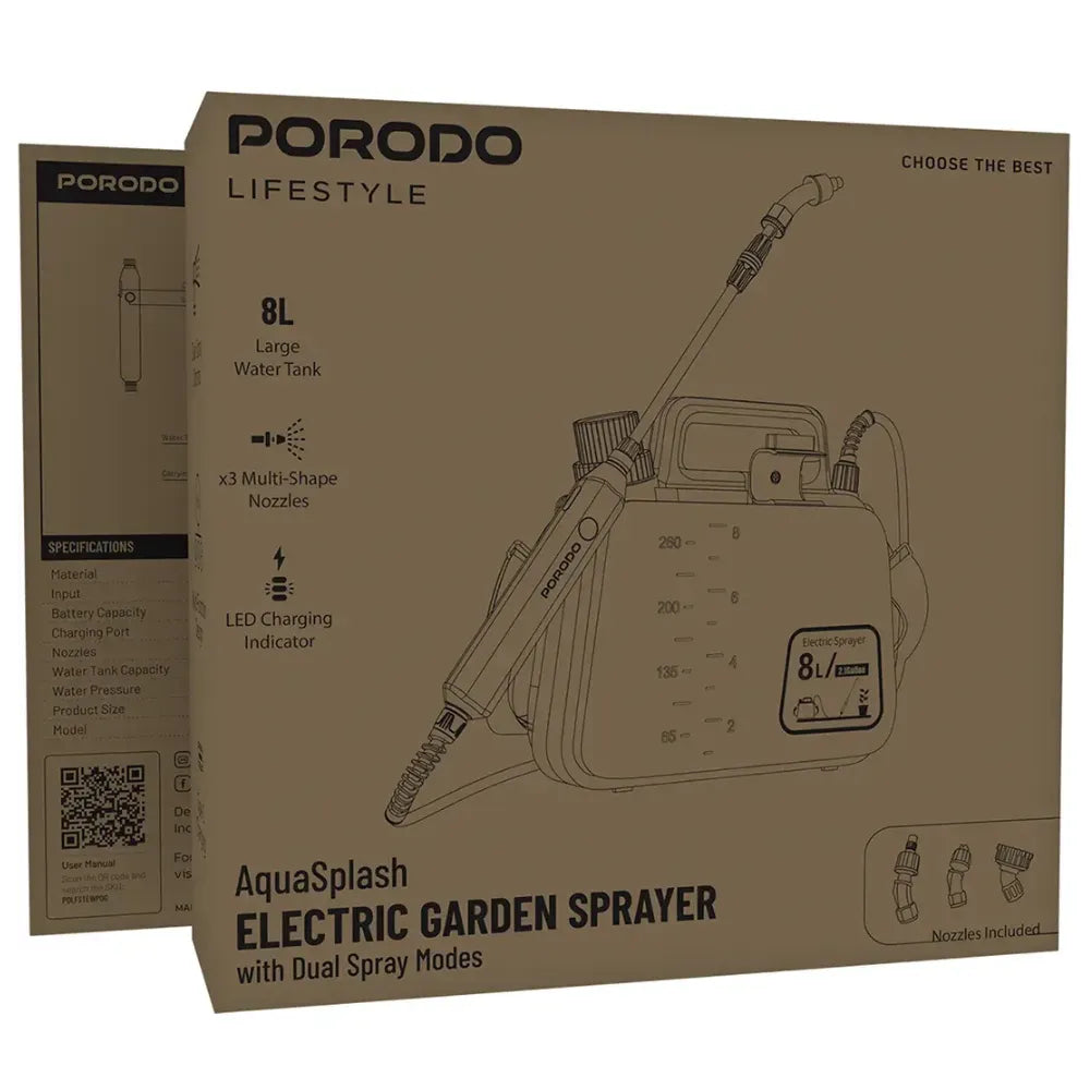 Porodo Lifestyle Aqua Splash Electric Garden Sprayer 8L with Dual Spray Settings, Type-C Rechargeable, 1500mAh Battery, Multi-Nozzle Design – Orange
