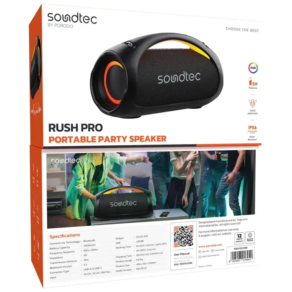 Porodo Soundtech Rush Pro Party Speaker Bluetooth 5.3 with Up to 5 Hours Battery Life, Universal Compatibility, RGB Light & IPX6 Water Resistance – Black