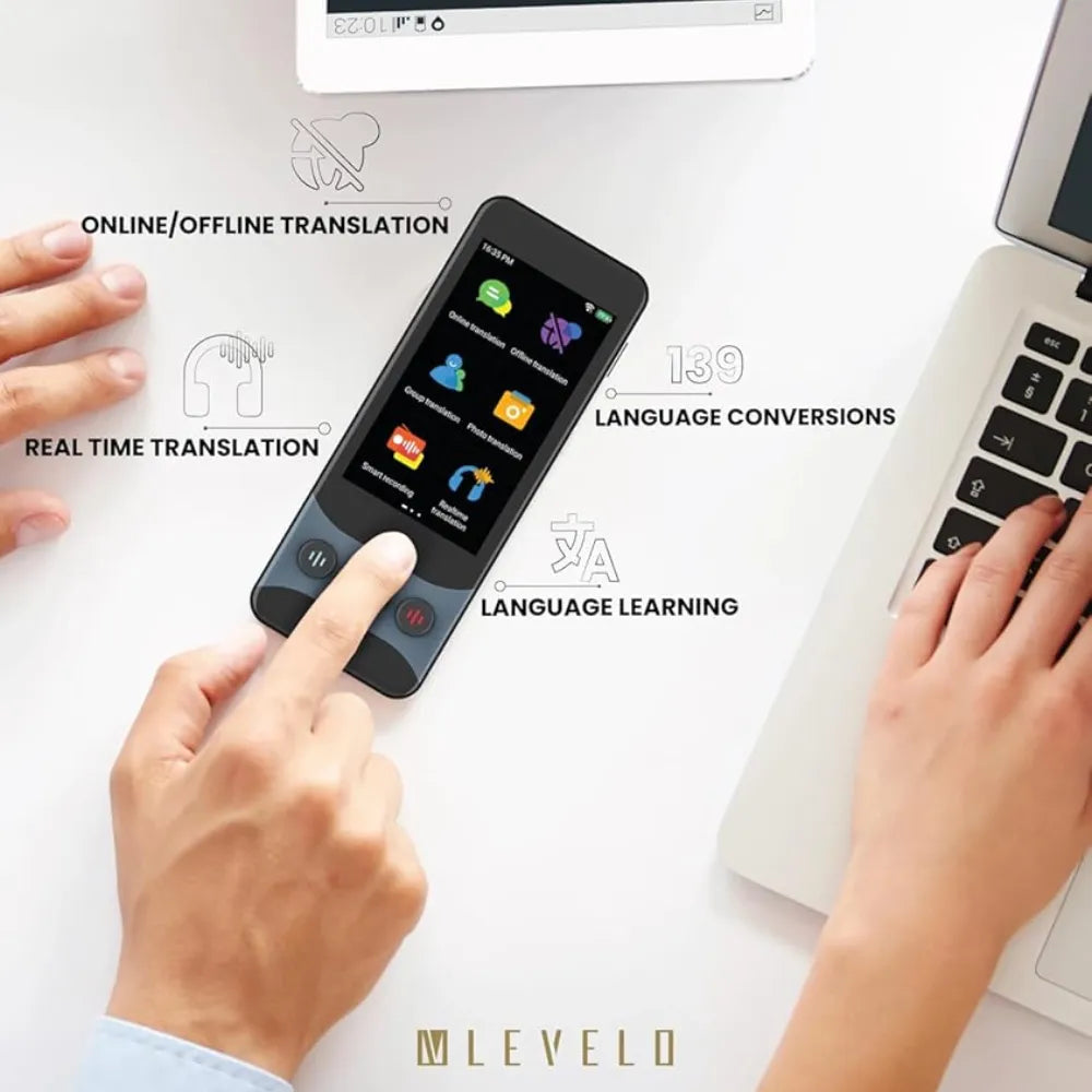 Levelo FluentLink Offline & Online Voice Translator with Built-in ChatGPT, 139 Languages, 0.5s Translation Speed, 1500mAh Battery, 8GB Storage – Gray