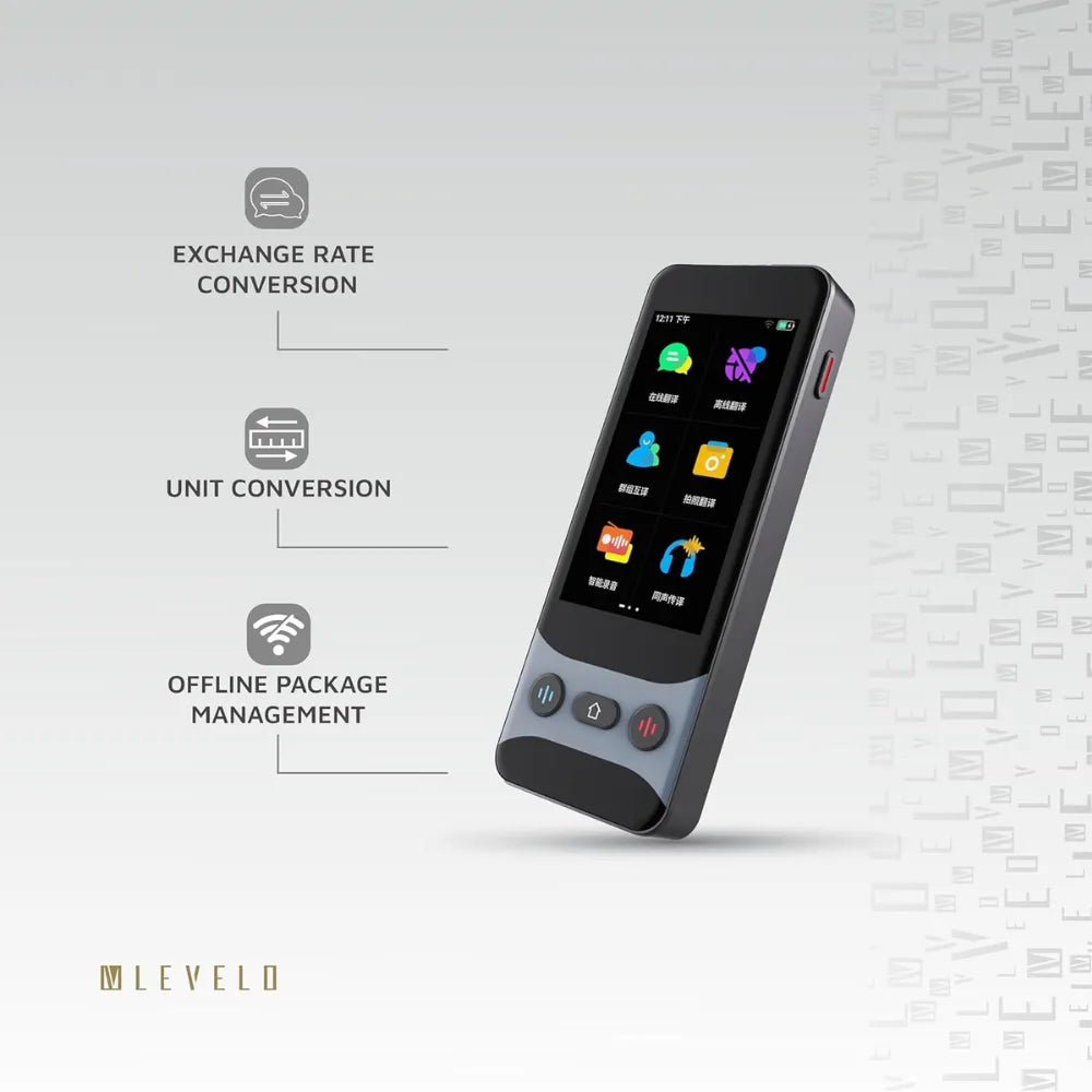 Levelo FluentLink Offline & Online Voice Translator with Built-in ChatGPT, 139 Languages, 0.5s Translation Speed, 1500mAh Battery, 8GB Storage – Gray