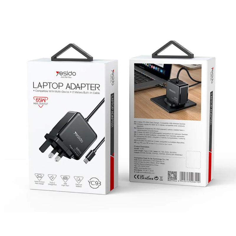 Yesido YC93 Wall Charger Adapter 65W USB-C Fast Charging with 2m Cable, UK Plug, PD/QC Support for Laptop, Tablet & Smartphone