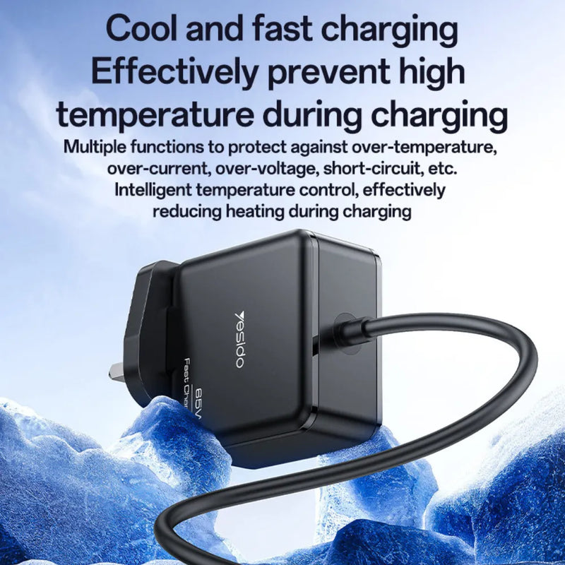 Yesido YC93 Wall Charger Adapter 65W USB-C Fast Charging with 2m Cable, UK Plug, PD/QC Support for Laptop, Tablet & Smartphone