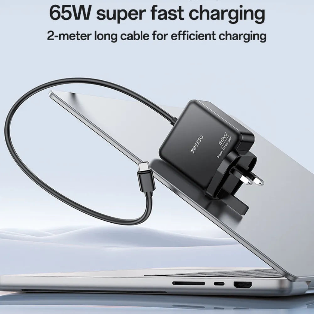 Yesido YC93 Wall Charger Adapter 65W USB-C Fast Charging with 2m Cable, UK Plug, PD/QC Support for Laptop, Tablet & Smartphone